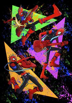 the spider - man and deadpool characters are depicted in an artistic style with paint splatters