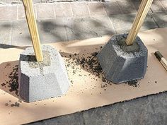 two cement blocks with wooden sticks sticking out of them sitting on a piece of cardboard