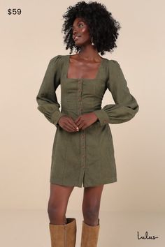 The Lulus Posh Promise Olive Corduroy Long Sleeve Button-Up Mini Dress has plenty of styling potential for a season full of perfect autumn ensembles! Sturdy corduroy shapes this retro-inspired dress that features a princess-seamed bodice, a trendy square neckline, and long, balloon-style sleeves with button cuffs. A functional button placket continues through the fitted waist and down the front of the figure-skimming, A-line mini skirt. Fit: This garment fits true to size. Length: Mid-thigh. Size medium measures 33.5" from shoulder to hem. Bust: Great for any cup size. Waist: Fitted - very fitted at natural waist. Hip: Loosely Fitted. Undergarments: May be worn with any standard bra. Fabric: Fabric has no stretch. Bodice is lined. Shell: 100% Polyester. Lining: 100% Polyester. Hand Wash Co Concert Outfit Casual, Retro Inspired Dress, Olive Green Dress, Country Concert Outfit, Green Dresses, A Line Mini Skirt, Corduroy Dress, Button Up Dress, Mini Dress Casual