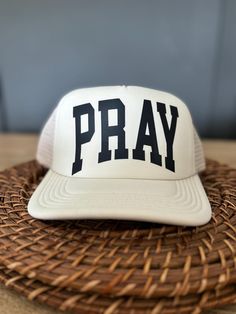 Trendy Hat, Christian Foam Trucker Hat, PRAY Trucker Hat, Foam Mesh Cap, Jesus Trucker Hat, Trucker Hat, Christian Gift, Religious Hat  Perfect hat for every Sunday and all the days in between. Change your energy and faith with our PRAY hat, available in Cream, Black and White, and Olive Green. Perfect for guys and gals that seek Prayer in all that they do. White Letter Print Hat For Outdoor, Retro White Trucker Hat With Curved Brim, Vintage White Fitted Hat With Flat Brim, Letter Print Hat With Short Brim, Trucker Snapback Hat With Brim, White Outdoor Hats With Letter Print, One Size Fits Most Trucker Baseball Cap, White Flat Brim Dad Hat For Outdoor, Beige Curved Brim Hat With Letter Print