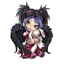 an anime character holding a stuffed animal in her hands with wings on it's back