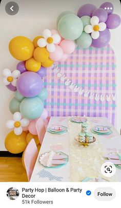 a table with balloons and plates on it