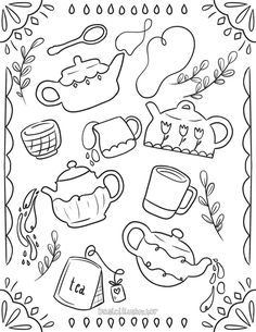 tea time coloring page with teapots, cups and other things to color in