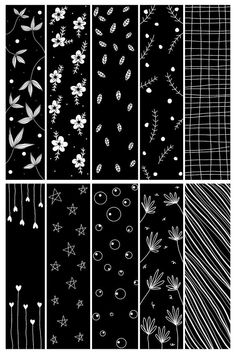 six different black and white patterns with leaves, flowers, stars, circles and lines