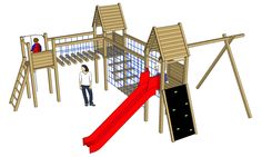 a wooden play set with a red slide