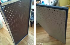 two pictures side by side showing the same metal screen as it appears to have been cut open