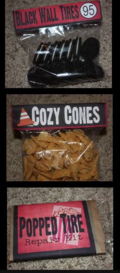 three bags of popcorn sitting on top of a floor next to an orange bag with the word cozy cones printed on it