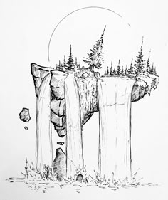 a drawing of a waterfall with trees on it