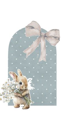 a rabbit holding a bouquet of daisies in its paws with a bow on it's head