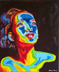 a painting of a woman's face painted in bright colors