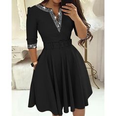 Season:Summer,Fall,Spring; Fabric:Polyester; Sleeve Length:3/4 Length Sleeve; Look After Me:Machine wash; Gender:Women's; Style:Fashion,Modern; Elasticity:Micro-elastic; Occasion:Office; Details:Belt Included; Fit Type:Loose Fit; Dresses Type:Black Dress; Pattern:Plain; Design:Sequin; Neckline:V Neck; Front page:FF; Listing Date:08/16/2024; Dress Length Type:Midi Dress; Print Type:non-printing