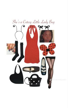 there is a woman's clothes and accessories arranged in the shape of a lady bug