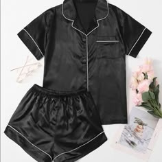 This Beautiful Satin Two Piece Pajama Set Is A One Of A Kind Piece. The Color Of This Item Is Black And The Size Is Medium. The Item Is Brand New And Have Not Been Worn At All. This Item Is Definitely A Great Buy! Night Luxury, Satin Pyjamas, Silk Pjs, Bridal Pajamas, Silk Pyjamas, Pyjama Party, Satin Pj Set, Black Pajamas, Pyjama Satin