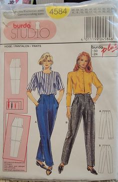 an image of a woman's blouse and pants sewing pattern on a table top