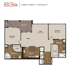 the b3a floor plan is shown with two bedroom and one bathroom in each