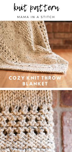 a crocheted blanket with the words cozy knit throw blanket written in black and white