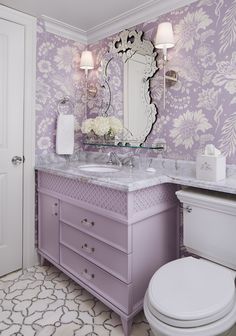 a white toilet sitting next to a bathroom sink under a mirror on top of a counter