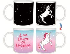 three coffee mugs with unicorn designs on them and the words let's dream of unicorns