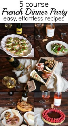 several different pictures of food and wine on a table