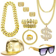 PRICES MAY VARY. HIP HOP COSTUME KIT: The 90s jewelry set includes 1 pcs hip hop hat, 1 pcs big chunky fake gold chain, 1 pcs dollar pendant necklace, 1 pcs rapper glasses, 1 pcs fake gold bracelet, 1 pcs dollar ring, 3 pcs kanji blessing lucky gold plated rings and 1 pair gold teeth grillz. This rapper costume will make you stand out in the 80s and 90s themed party, making you the focus of attention HIP HOP ACCESSORIES: The dollar sign ring, gold tooth cap, dollar sign chain, gold plated bracel 90s Hip Hop Costume, Gold Tooth Cap, Rapper Hat, Gold Teeth Grillz, Rapper Costume, Tooth Cap, 90s Themed Party, 80s Accessories, Grillz Teeth