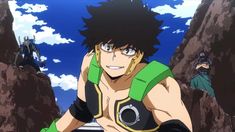 an anime character with black hair and green eyes sitting in front of some rocky terrain