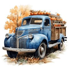 an old blue truck with pumpkins on the back