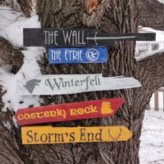 several signs are posted on a tree in the snow