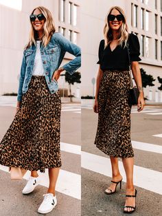 Skirt And Sneakers Outfit, Animal Print Skirt Outfit, Print Skirt Outfit, Rok Midi, Rok Outfit, Skirt Outfit Ideas