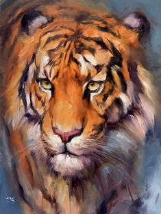 an oil painting of a tiger looking at the camera with yellow eyes and brown fur