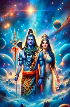 the hindu god and his wife are standing in front of an image of planets with stars