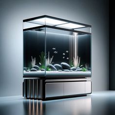 an aquarium with plants and rocks in it is lit up by the light from below