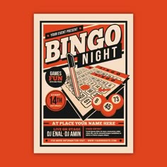 a flyer for a game night with an orange background