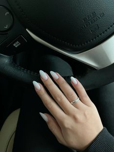 White Nails With Designs Oval, Milk White Gel Nails, Medium Almond White Nails, Milky White Oval Acrylic Nails, Milky Colour Nails, Full White Nails Almond, White Nail Almond Shape, White Holiday Nails Almond, Simplistic White Nails