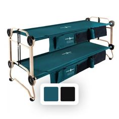 two green folding beds with wheels and storage bins on the bottom one is black, the other is teal