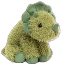 a green stuffed animal sitting on top of a white floor