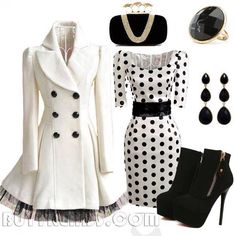 I Love Shoes, Fun Outfits, Old Hollywood Style, White Polka Dot Dress, Work Style, Church Outfits, Black Platform, Black Jewelry, Black N White