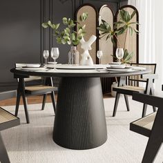 a dining room table with chairs and vases on top of it in front of a black paneled wall