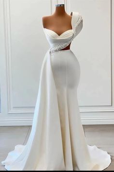 Charming One Shoulder Mermaid Sleeveless Asymmetrical Stretch Satin Prom Dress White Prom Dress Mermaid, Dress With Pearls, White Mermaid, Prom Dresses Long Mermaid, Sweetheart Prom Dress, Prom Dresses Sleeveless, White Prom Dress, Satin Prom Dress, Mermaid Evening Dresses