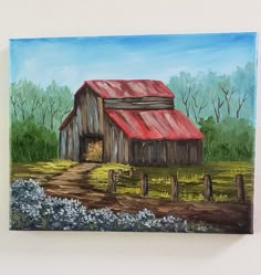 a painting of a barn with a red roof and flowers on the ground next to it