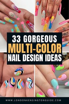 Colorful Nail Designs Summer, Different Color Nails On Each Finger, Multi Colored Nails Summer, Short Nail Summer, Acrylic Nail Summer, Nail Inspo Vacation, Different Color Nails Acrylic, Pink Nail Short, Mismatched Nail Art