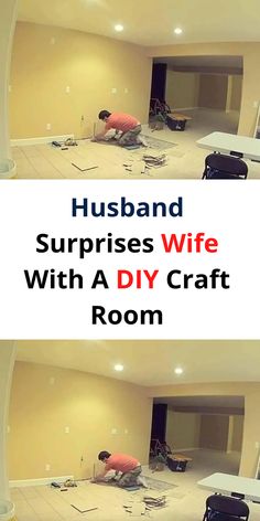 two pictures with the words husband surprises wife with a diy craft room