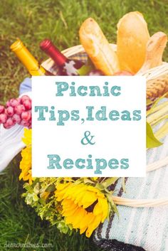 picnic tips, ideas and recipes on the grass with sunflowers in the background