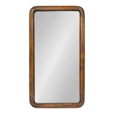 a wooden framed mirror on a white background