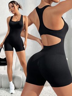 Cut Out Backless Sports Romper Black   Sleeveless Knitted Fabric Plain Jumpsuit High Stretch,Medium Stretch All Women Activewear, size features are:Bust: ,Length: ,Sleeve Length: Yoga Bodysuit, Plus Size Workout, Romper Black, Casual Suit, Black Romper, Womens Activewear, Sport Wear