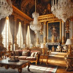 an ornately decorated living room with chandeliers and paintings on the walls,