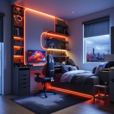 a bedroom with a bed, desk and television in the corner is lit up by neon lights