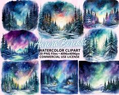 watercolor clipart set with pine trees and the aurora bores in the background