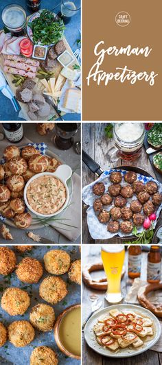 several different pictures with food and drinks on the top one is german appetizers