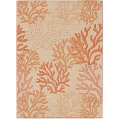 an orange and beige rug with corals on the bottom, in front of a white background