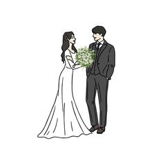 a bride and groom standing next to each other with flowers in their hands, looking at each other